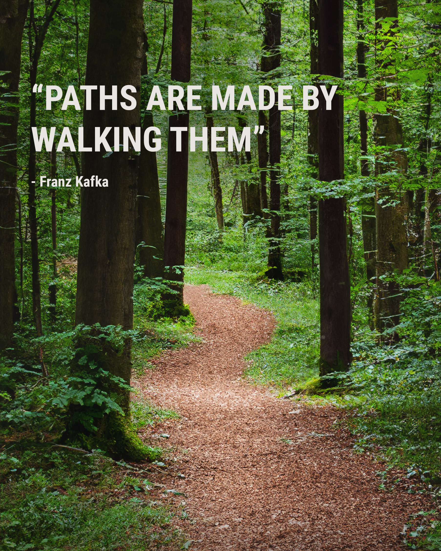 the quote Paths are Made by Walking Them on a background of a natural path going into the woods